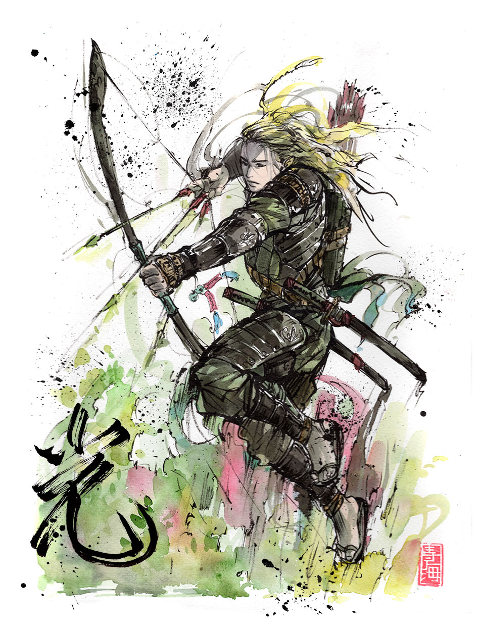 Legolas Samurai Archer Sumi and watercolor