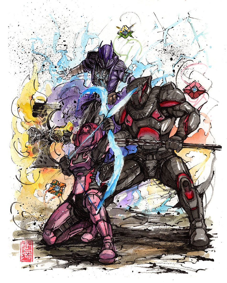 Destiny Trio sumi ink and watercolor