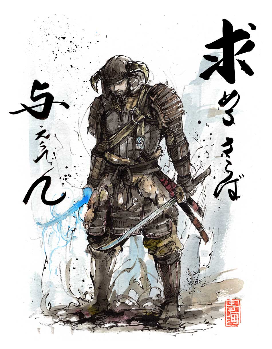 Skyrim Samurai Warrior sumi ink and watercolor