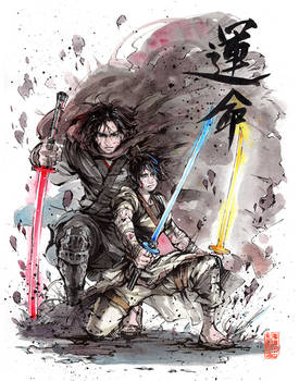 Samurai Kylo Ren and Rey Ink and Watercolor