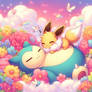 Eevee sleeping on Snorlax