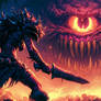 Barbarian facing giant beholder