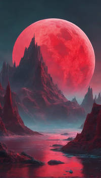 A-painting-of-a-red-moon-over-a-mountain-and-water