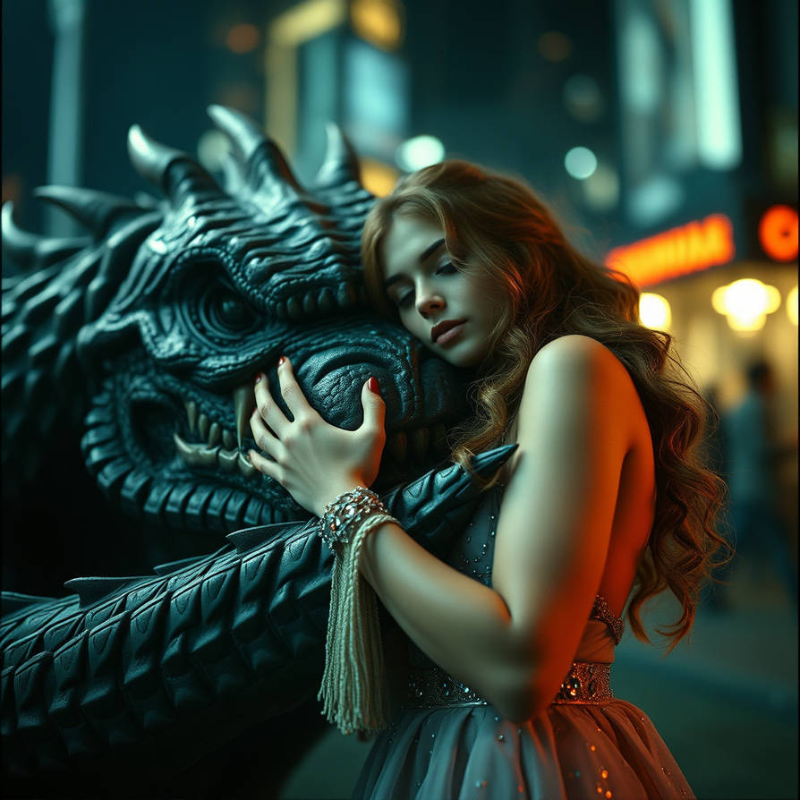 Gorgeous lady cuddling big monsters