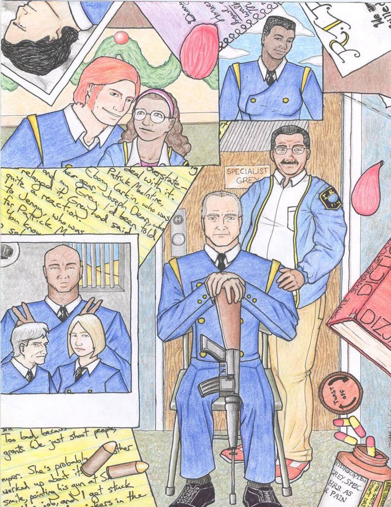 A 2007 colored pencil illustration of PIN personnel (clockwise from top left: Dean, Mac/MacIntire, Jenny, Ebony Larkin, Bob, Grey, and axed characters Maureen, Bigg/Faro, and Smith) in photos, scattered across pages of notes, bullets, shed rose petals, a StanG pocket dictionary, and a hydrocodone Rx for Grey.