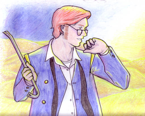 Mac, dressed in a PIN specialist uniform, out in the desert with crowbar in hand. His tie and jacket is undone, he wears aviator sunglasses, and it looks broiling outside.