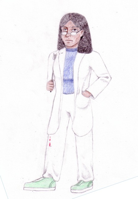 A very old colored pencil drawing of Doc Pritchard, though in this design her hair is shoulder length and she has glasses. She also wears a white labcoat and scrub pants with a bit of blood on them.