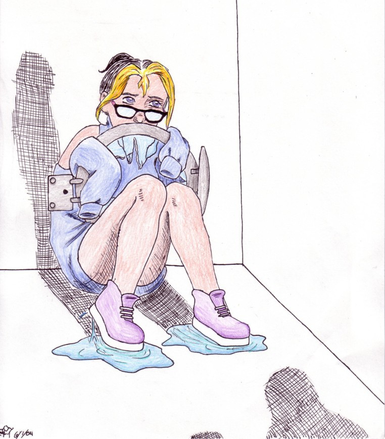 An inked and colored pencil illustration of a cornered teenage girl gripping a shattered laundry machine door in front of her like a shield. Ominous shadows fall over her.