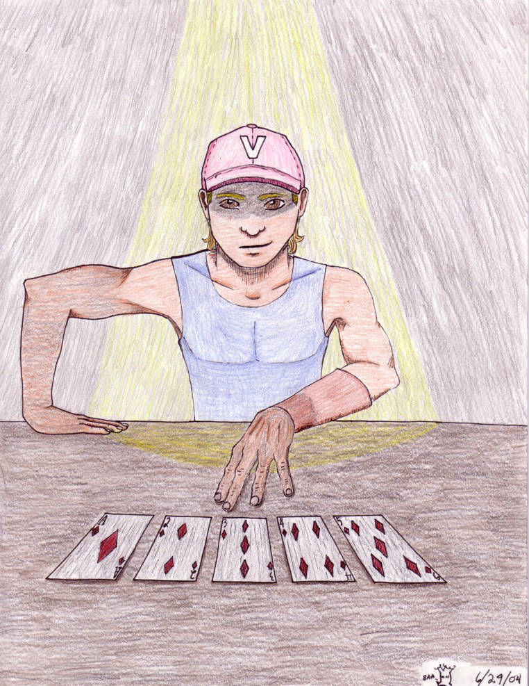 Ancient colored pencil art of a scruffy teenage boy playing cards in a bar. He has a straight flush.