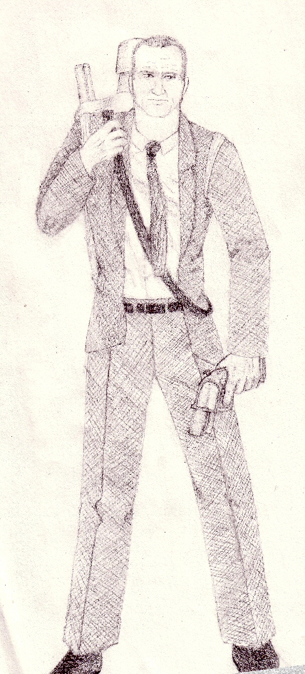 A very rough pixely drawing of Grey from roughly 12/19/2005, showing her lugging a gear bag of very large guns over her shoulder. Her uniform's gold rings have moved to the current position, but her jacket remains single-breasted, not double-breasted the way it is now.