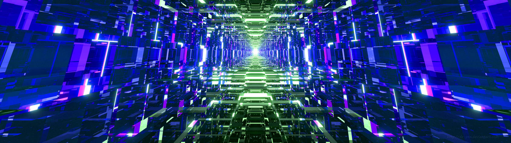 Blue and Green Mirrored Tunnel Dual Monitor