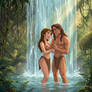 Tarzan and Jane washing under waterfall