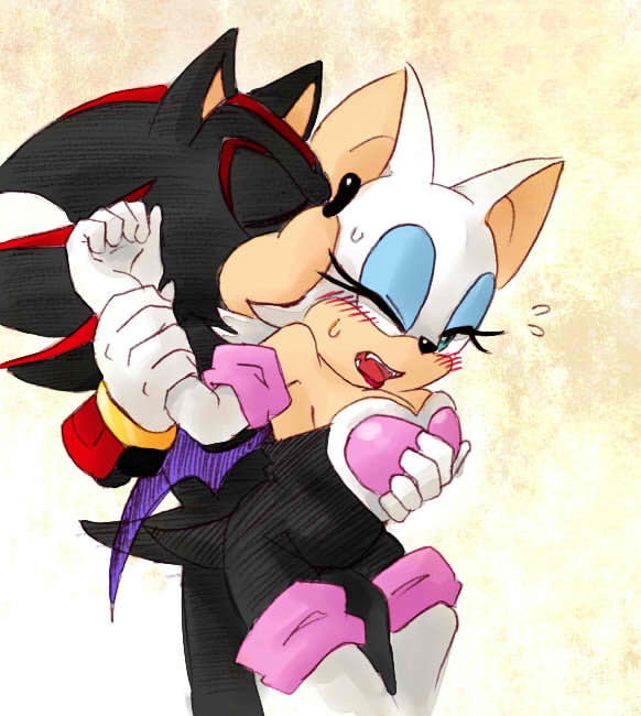9367 - safe, artist:winkwonkblog, rouge the bat, shadow the hedgehog, sonic  the hedgehog, blushing, brown background, drink, drinking, ear piercing,  eyes closed, female, gay, heart, holding each other, holding something, kiss,  male