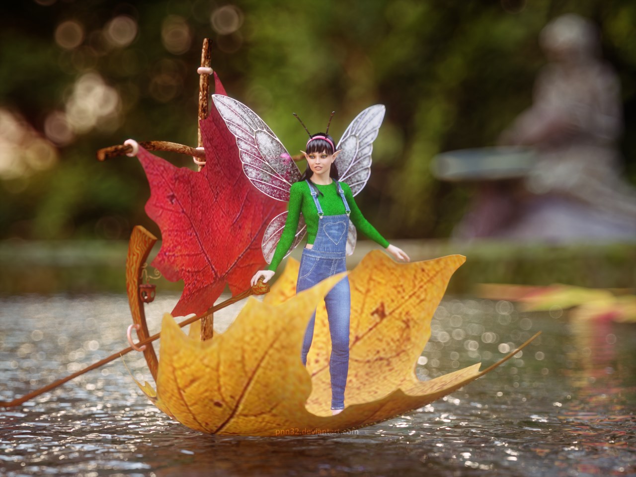 Tiny sailing on autumn leaf