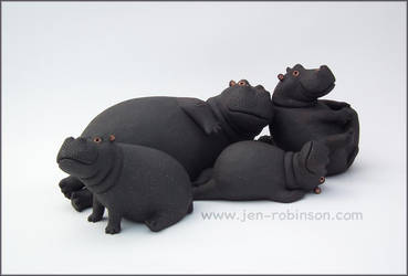 Black Stoneware Hippo Family