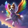 Dog with rainbow wings flying over a midnight sky 