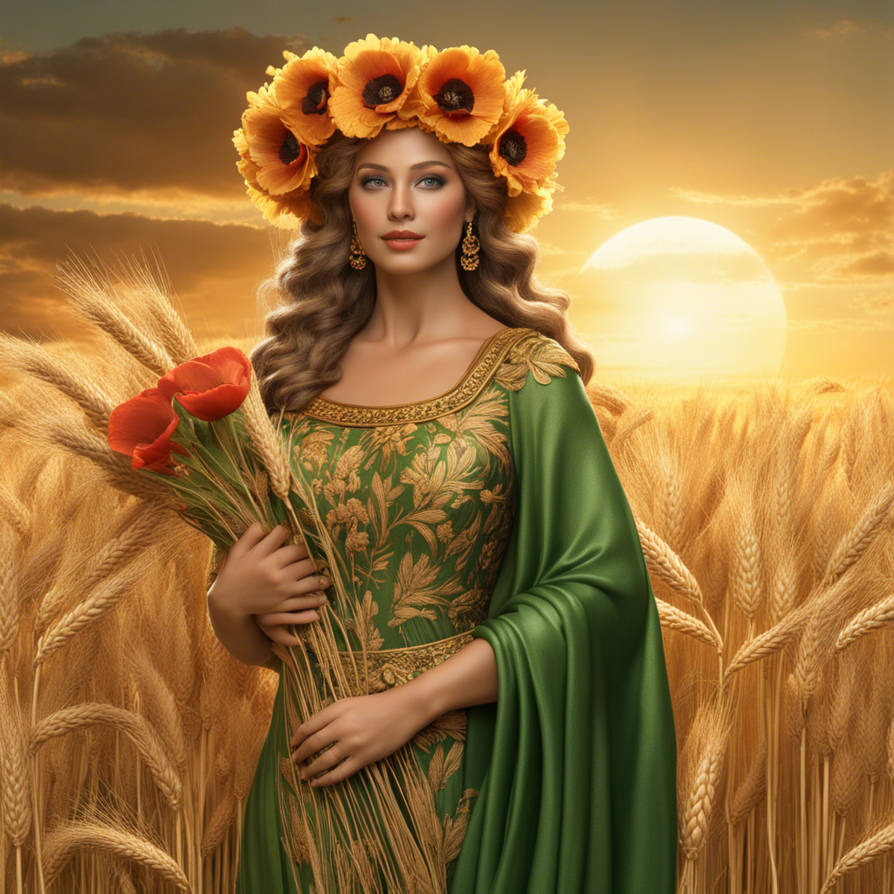 Create a vibrant image of Demeter, the Greek