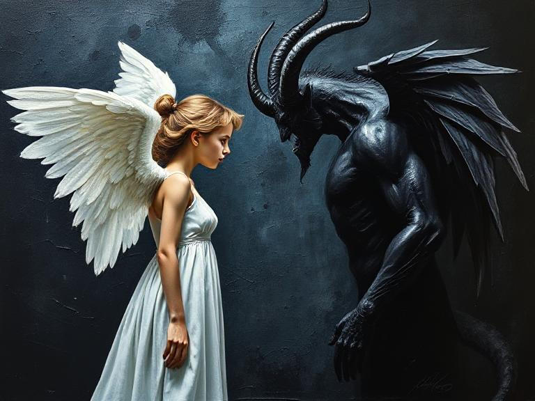 A female angel and a demon face each by ChrisJr2518 on DeviantArt