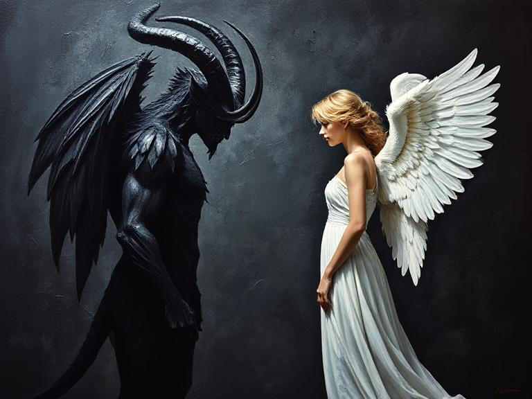 A female angel and a demon face each by ChrisJr2518 on DeviantArt