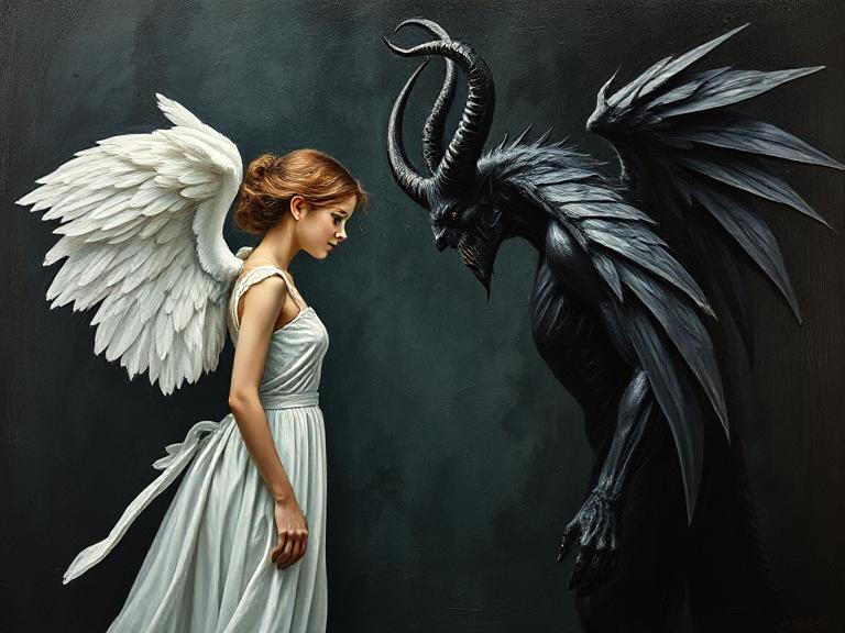 A female angel and a demon face each by ChrisJr2518 on DeviantArt