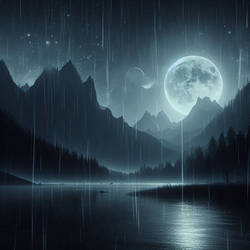 Rainy Night With Dark Mountains and Lake