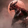 Blood Moon Wyrm: Crimson Dragon in Foggy Sky