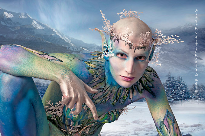 Snow queen bodypaint kneel mountain