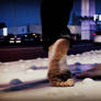 Barefooted girl goes to the metro station BY FEET.