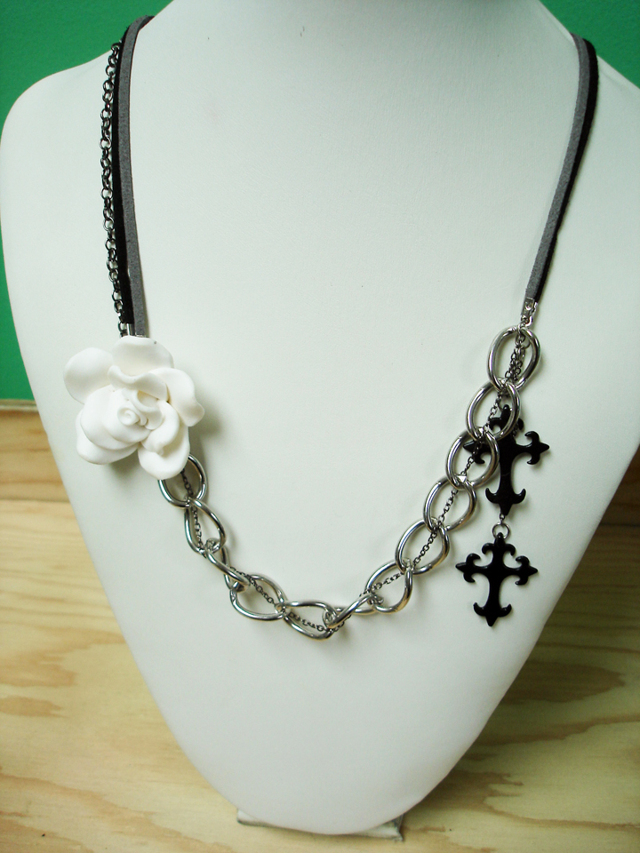 White rose, cross chains and suede necklace