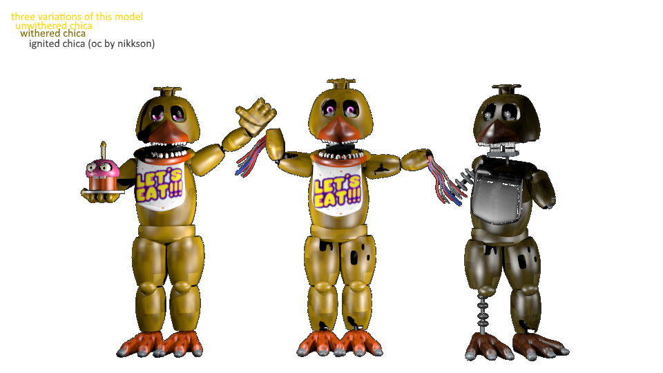 I feel like Withered Chica would have looked better if she never had her  jaw at all (yes, I know the Igniteds ran with this already) (Model and  render by LetTric, asset