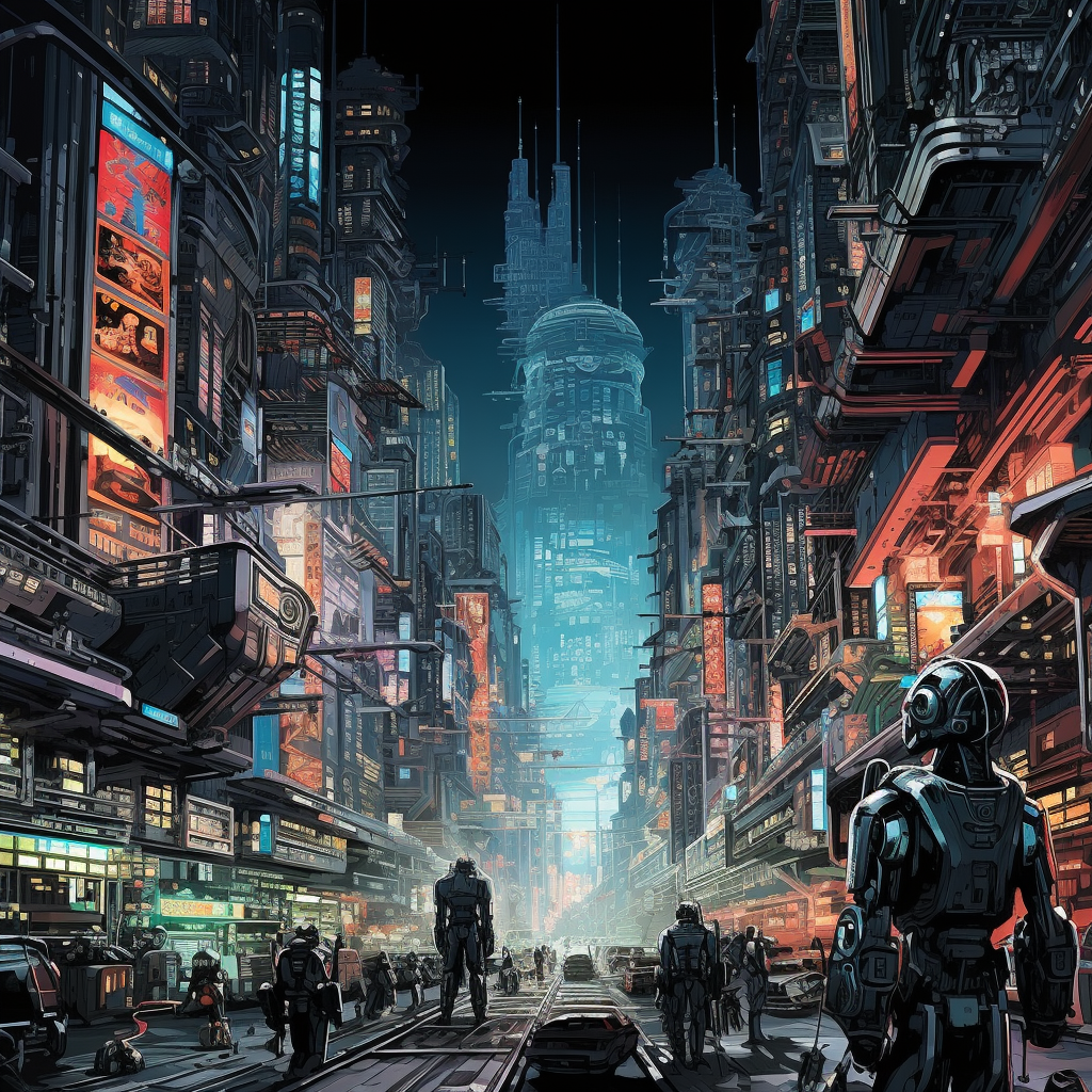 Cyberpunk city street. Sci-fi wallpaper. Futuristic city scene in