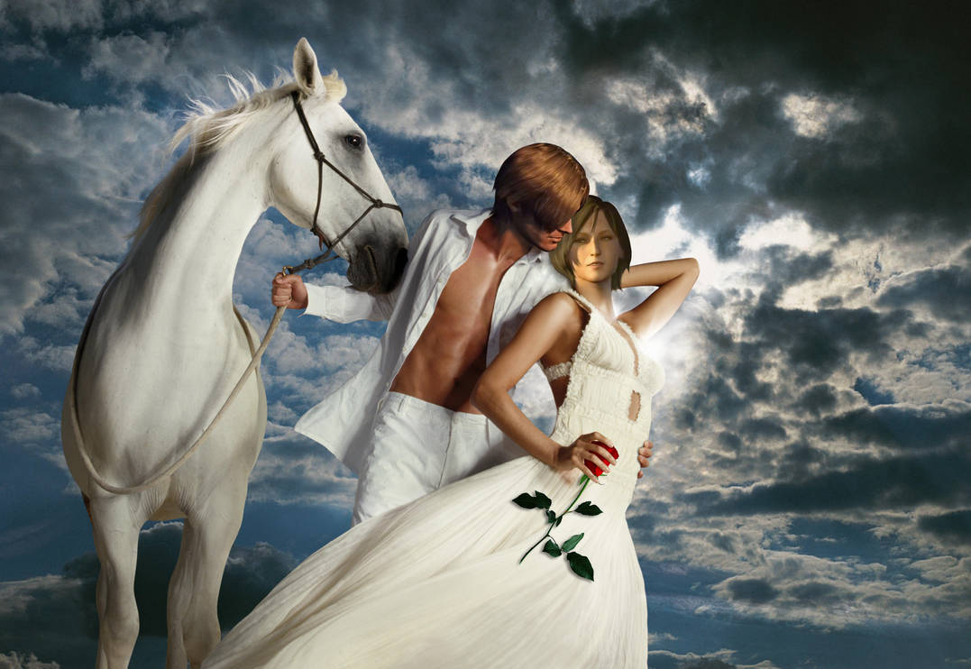Небо на кону. Мужчина и женщина на коне. Фотосессия с лошадьми. Принц на белом коне.
