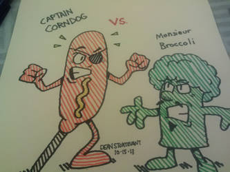 Captain Corndog vs. Monsieur Broccoli by GreenUnicornArt