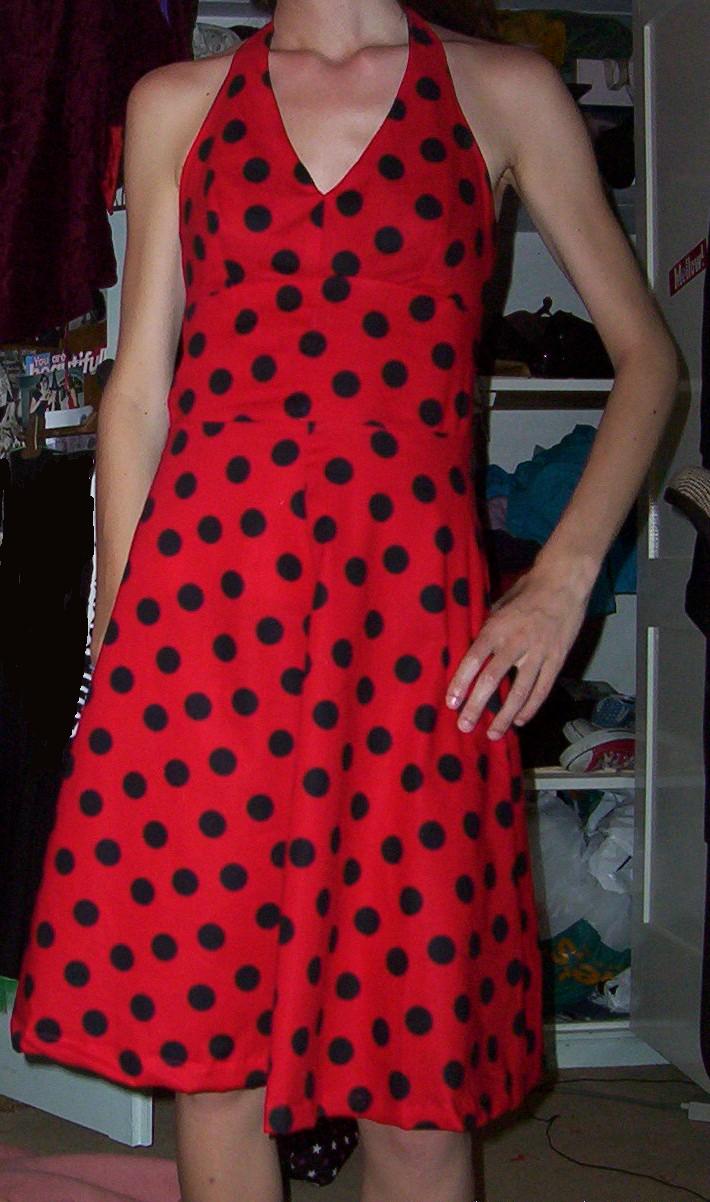 Red and black polka dot dress