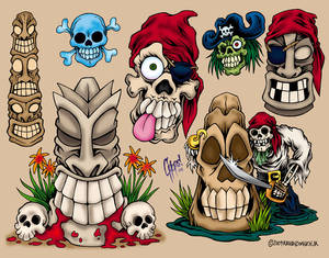 Tiki and Pirate Tattoo Flash