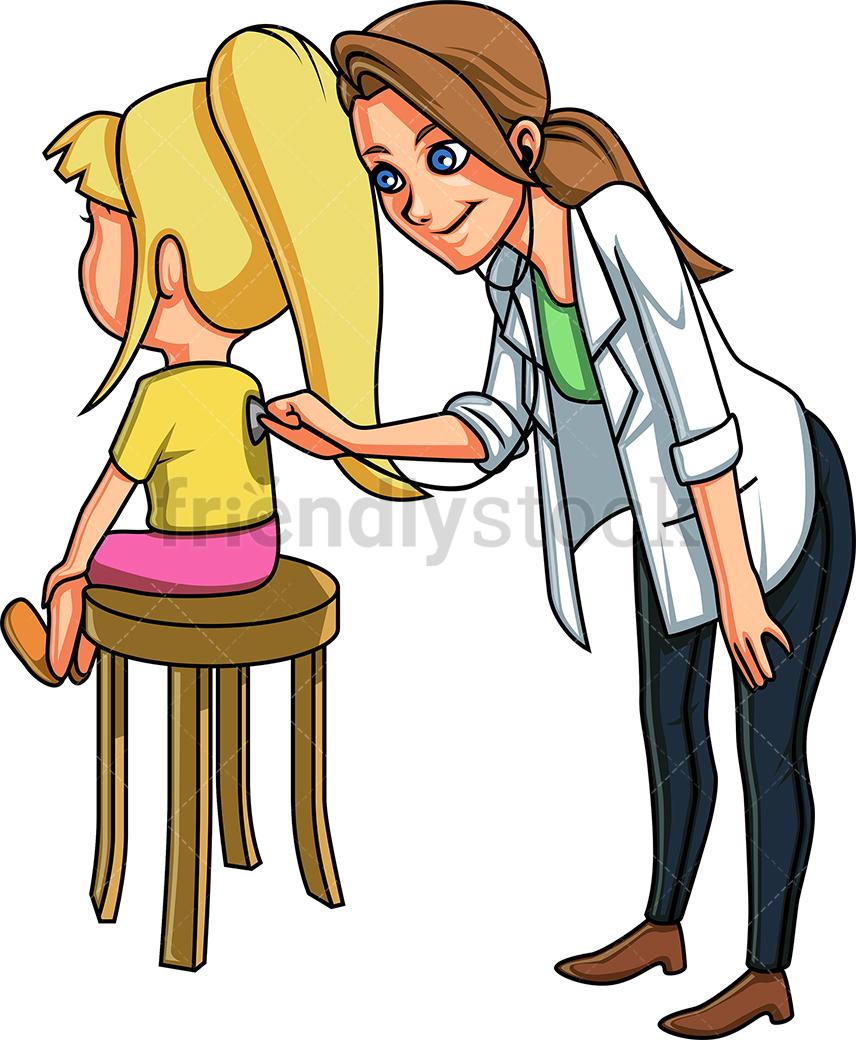 A female doctor listening to a little girl's back
