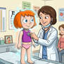 Linda glow at the doctor in her underclothes having her heart listened to by a doctor