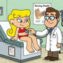 a doctor listening to Carmen in her red bikini outfit's chest by using a stethoscope