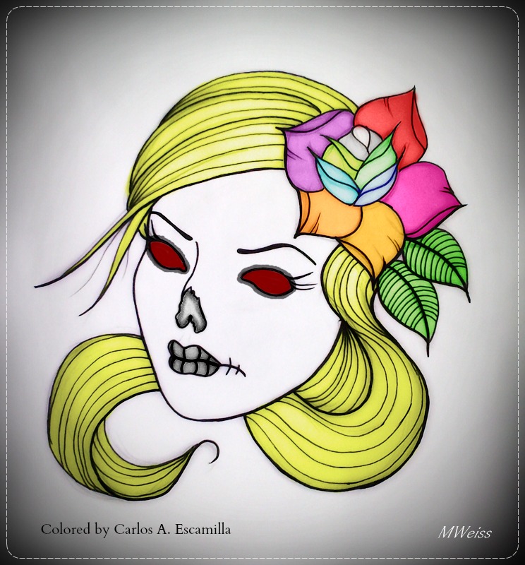 Dead Blond Head With Multi Colored Roses Tattoo