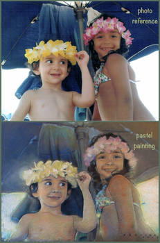 Photo vs pastel drawing double child portrait