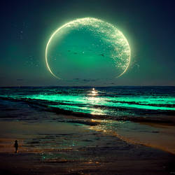 A vast radiant beach in a cool jewel moon