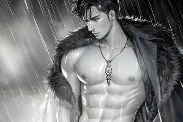 Artistic rendering of a shirtless man in the rain