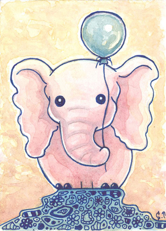 ACEO ATC Elephant with blue ball