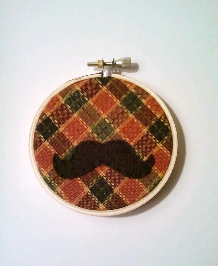 Autumn Plaid Mustache Embroidery Hoop