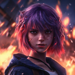 Anime girl with purple hair and sparkling red burn