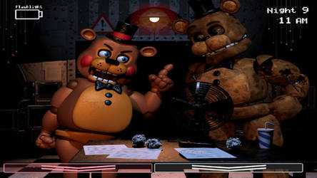 Toy Freddy and Withered Freddy fighting