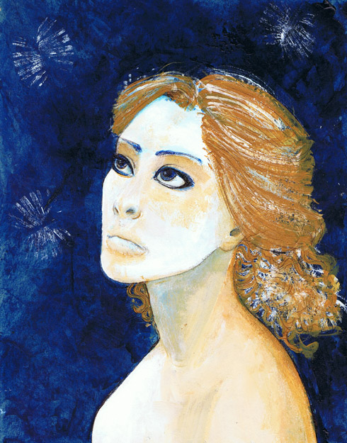 Painting of woman in orange and blue