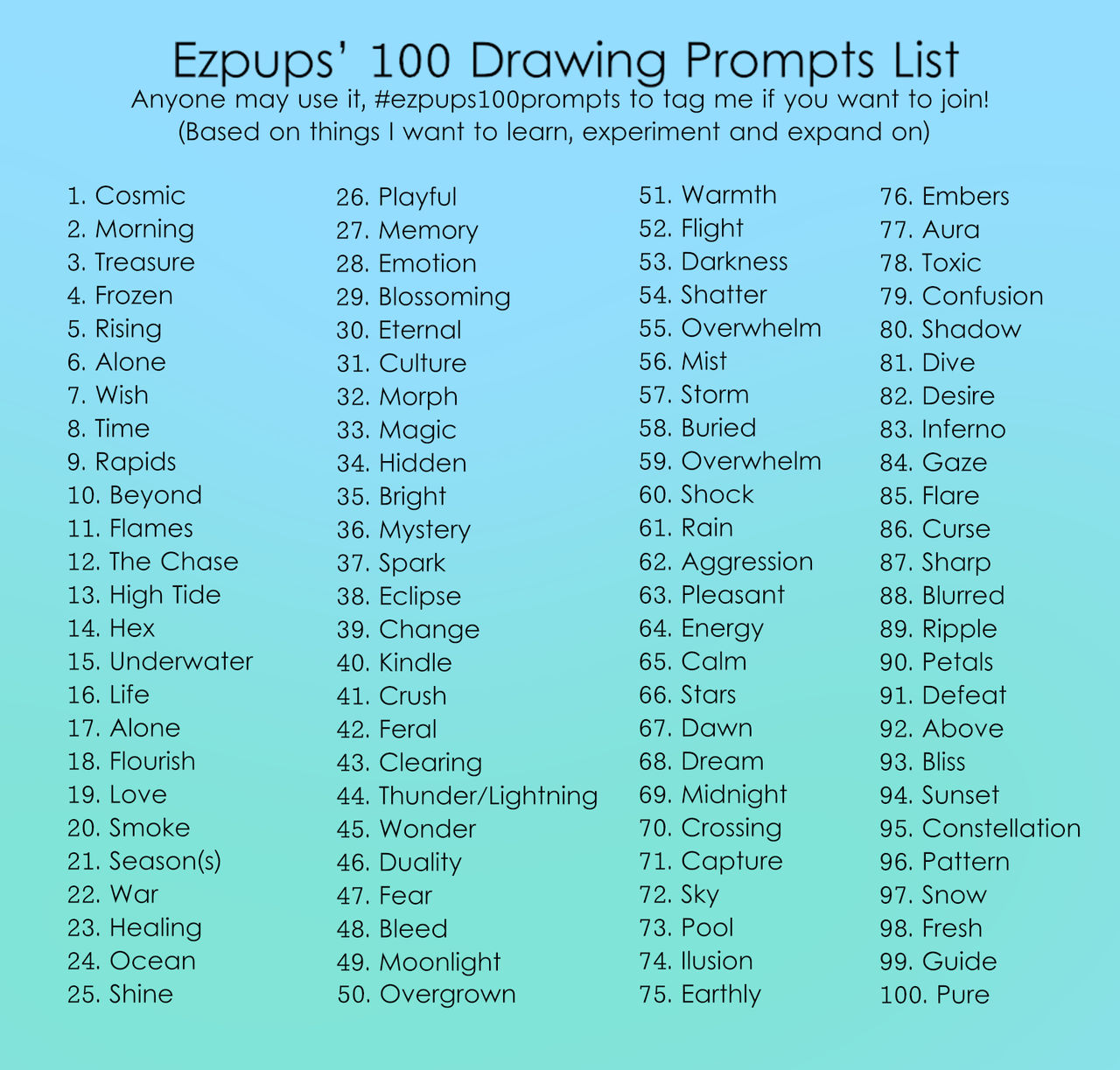 ezpups 100 Prompts List by ezpups on DeviantArt