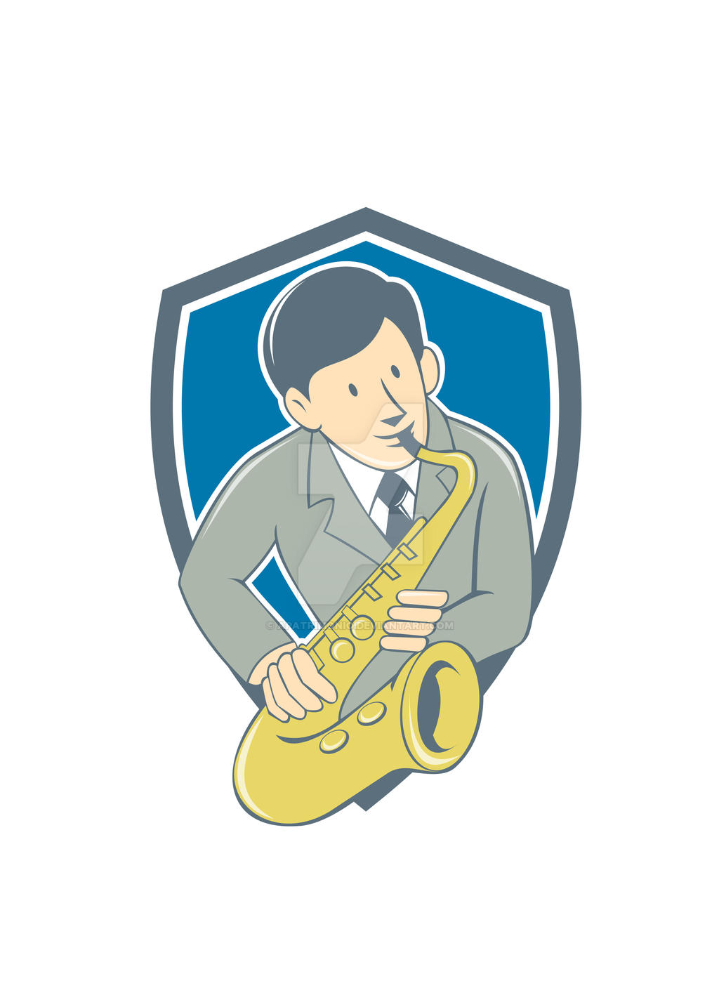 Musician Playing Saxophone Shield Cartoon