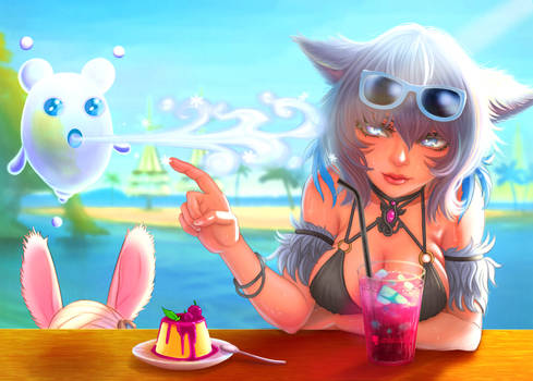 Y'shtola, beach,drink,pudding and Puddingway?